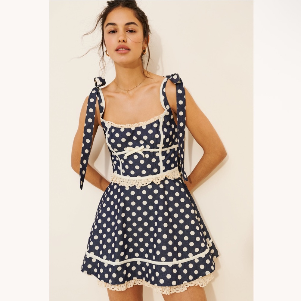 For Love & Lemons Dolly Denim Polka Dot Mini Dress Free People Size XL NEW $229